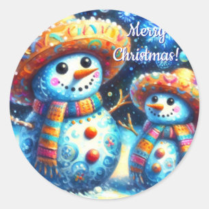 Sticker Rond Art populaire mexicain Snowmen Snowman Snow People