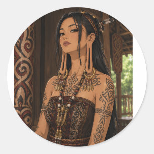 STICKER ROND ART TRIBAL TATOUAGE DE FEMME DAYAK À LONGUE ORILLE