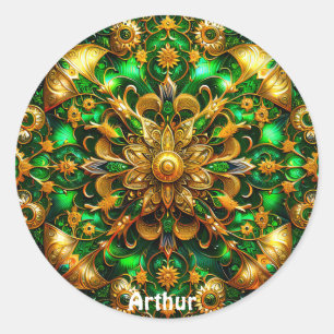 Sticker Rond ARTHUR ~ Vert brillant et Noël or ~
