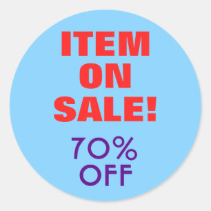 Sticker rond "ARTICLE EN VENTE !" "70% DE REMISE"