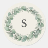 Sticker Rond Artisan Botanique Hivernal Monogramme Initial Vert (Devant)