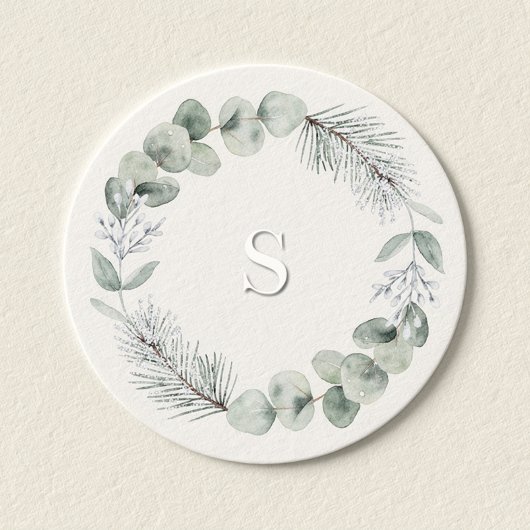 Sticker Rond Artisan Winter Botanique Monogramme Initial Ivoire