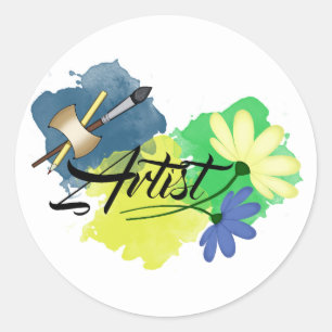 Sticker Rond Artiste. Dessin Bleu et jaune. Peindre la brosse e