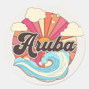 Sticker Rond Aruba Caraïbes Îles Retro 80s Plage