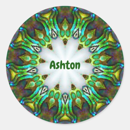 Sticker Rond ASHTON ~ Personalized Paua Shell Fractal ~ Classic (Devant)