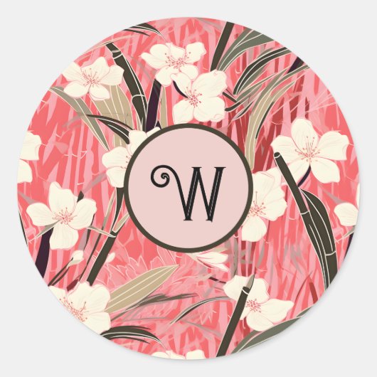 Sticker Rond Asian Floral Pink Peach White Chinoiserie Monogram (Devant)
