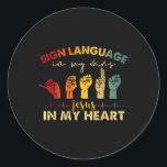 Sticker Rond ASL Jésus Christ Signer la langue dans mes veines<br><div class="desc">ASL Jésus Christ Signer la langue dans mes veines Jésus dans mon coeur</div>