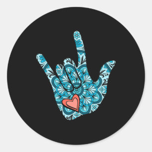 Sticker Rond ASL Langue des signes Je t'aime Gésture Coeur Sour