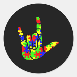 Sticker Rond ASL Love Hand Sign Language Puzzle Autism Awards