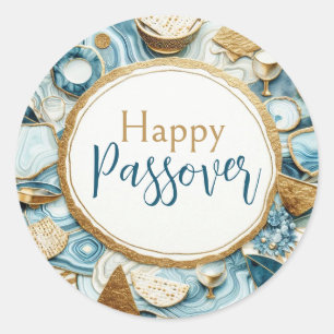Sticker Rond Assiette de Seder Agate Bleu Or Joyeuse Pâque
