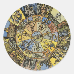Sticker Rond Astrologie vintage, Roue Zodiaque Renaissance, 155