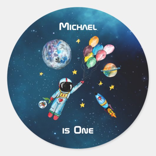 Sticker Rond Astronaut Balloons galaxie Rocket Space Nom 1er (Devant)