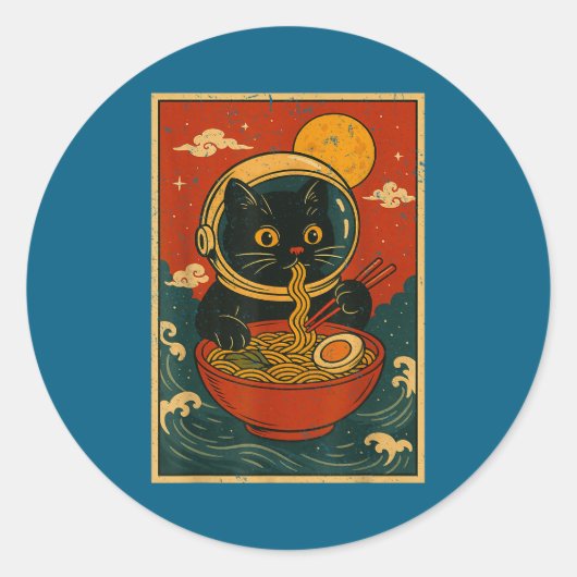 Sticker Rond Astronaut Cat Ramen Japanese Graphic Tees Men Wome (Devant)