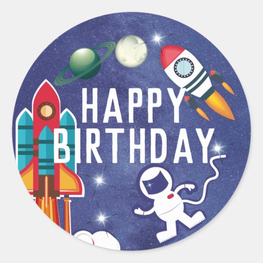 Sticker Rond Astronaut Rocket Ship Space Joyeux anniversaire (Devant)