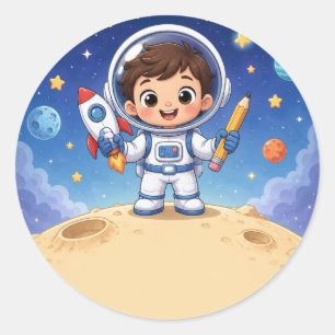Sticker Rond Astronaute enfant prêt à explorer le cahier scolai