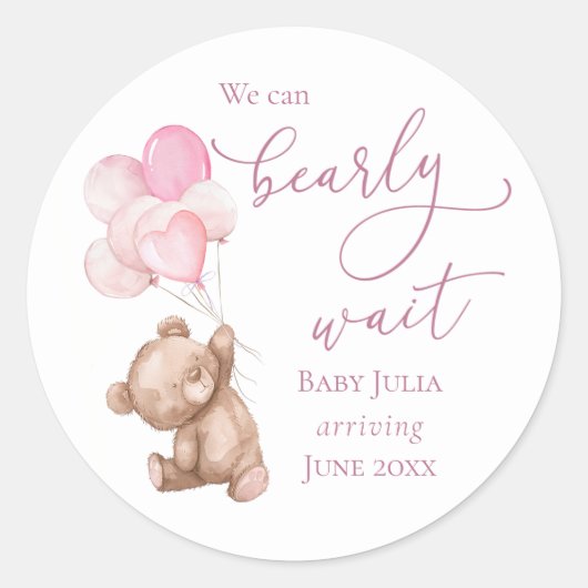 Sticker Rond Attendez à peine Ourson Rose Baby Shower (Devant)