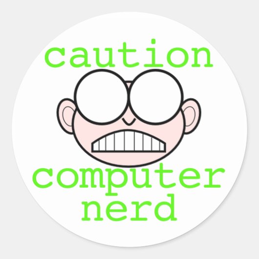 Sticker Rond Attention : Ordinateur Nerd (Devant)