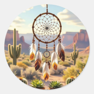 Sticker Rond Attrape-rêves, canyons du désert, cactus