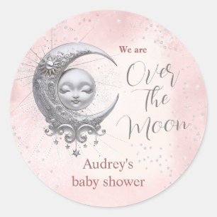 Sticker Rond Au-Dessus Du Baby shower De Fille Rose Lune