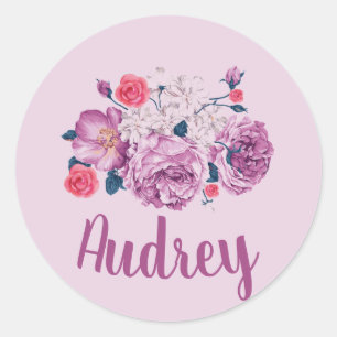 Sticker Rond Audrey Nom Floral Fille Fleur Personnalisé Vintage