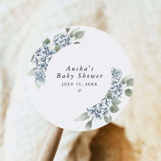 Sticker Rond AUSHA Dusty Blue Floral Boy Baby shower