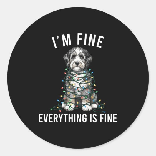 Sticker Rond Aussiedoodle Christmas I'm Fine Everything Is Fine (Devant)