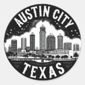 Sticker Rond Austin City Texas Skyline Retro Black & White Art (Devant)