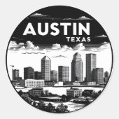 Sticker Rond Austin City Texas Skyline Retro Black & White Art (Devant)