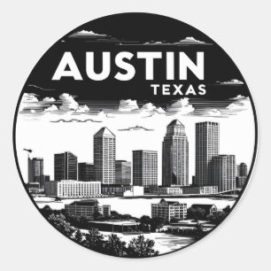 Sticker Rond Austin City Texas Skyline Retro Black & White Art