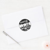 Sticker Rond Austin City Texas Skyline Retro Black & White Art (Enveloppe)