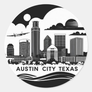 Sticker Rond Austin City Texas Skyline Retro Black & White Art