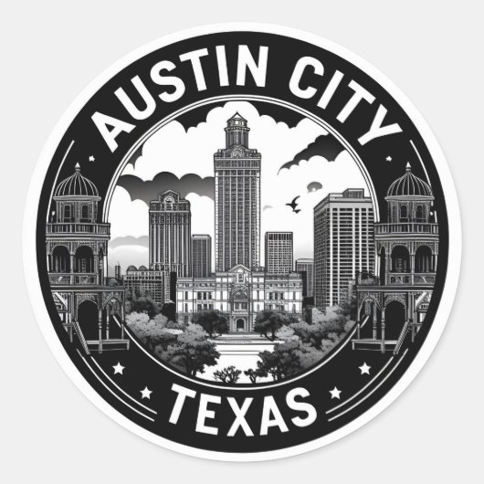 Sticker Rond Austin City Texas Skyline Retro Black & White Art (Devant)