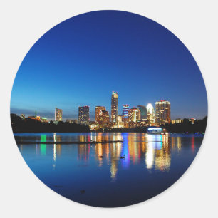 Sticker Rond Austin Texas Downtown Night Skyline Ladybird Lake