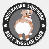 Sticker Rond Australian Shepherd Butt Wigglers Club - Red Merle (Devant)