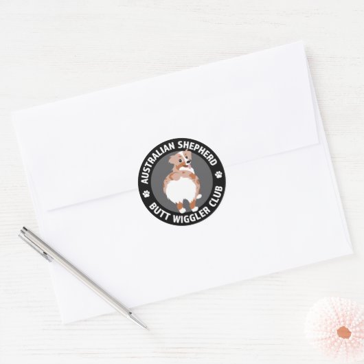 Sticker Rond Australian Shepherd Butt Wigglers Club - Red Merle (Enveloppe)