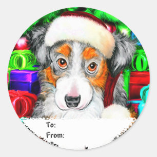 Sticker Rond Australian Shepherd Christmas Open Cadeaux Tags ca