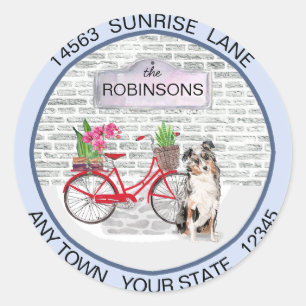 Sticker Rond Australian Shepherd Moving Bicycle Nouvelle adress