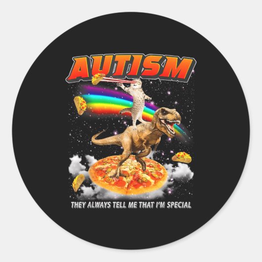 Sticker Rond Autism Awareness T-rex Cat Meme Neurodiversity Pri (Devant)