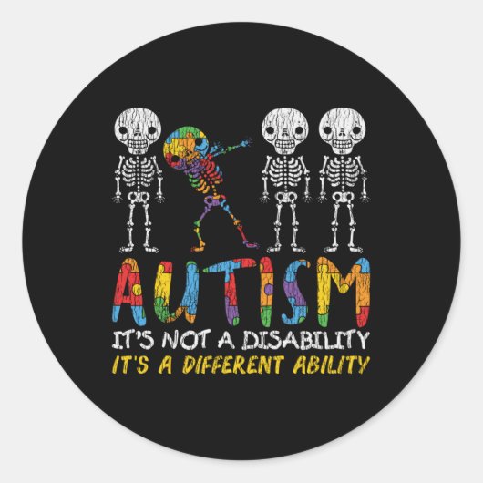 Sticker Rond Autisme Awerty - Skeleton Dabbing Autistic Kids A (Devant)