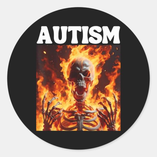 Sticker Rond Autisme Drôle Cringe Dur Skeleton Mème Flames 1 (Devant)