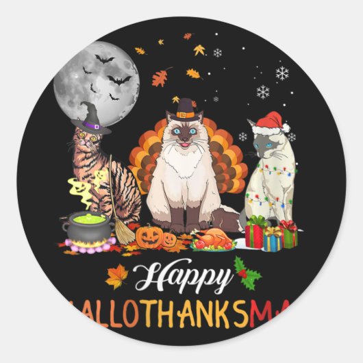 Sticker Rond Automne Automne Automne Cute Chat Halloween Thanks (Devant)