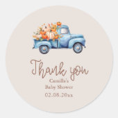 Sticker Rond Automne Baby shower Citrouille bleu camion (Devant)