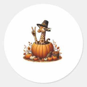 Sticker Rond Automne Citrouille Automne Giraffe Thanksgiving Fe