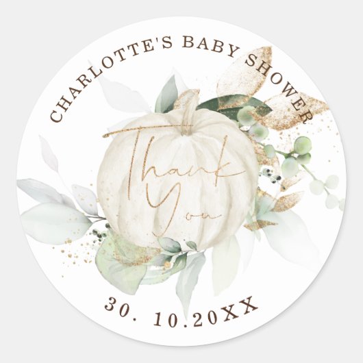 Sticker Rond Automne Citrouille Baby shower Vert Vert Gold Fave (Devant)