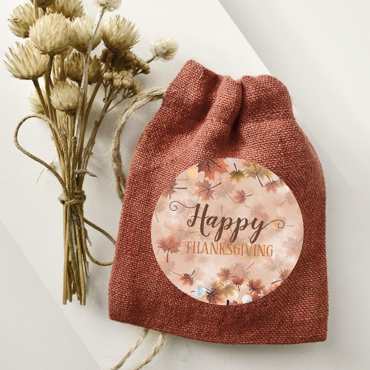 Sticker Rond Automne Feuilles Brunes Joyeux Thanksgiving