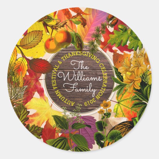 Sticker Rond Automne Feuilles Collage Monogramme Bois Vintage (Devant)