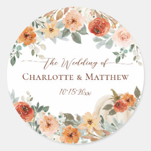 Sticker Rond Automne Floral Citrouille Mariage