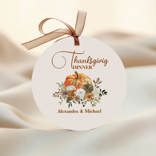 Sticker Rond Automne Floral Citrouille Thanksgiving Dîner