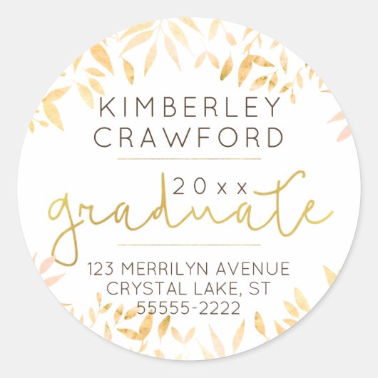 Sticker Rond Automne Leaves & Gold Script Graduate Adresse de r (Devant)