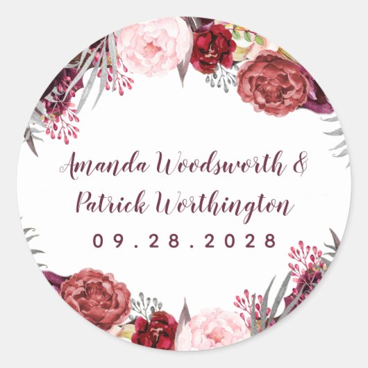 Sticker Rond Automne Marsala Blush Pink Peony Automne Mariage F (Devant)